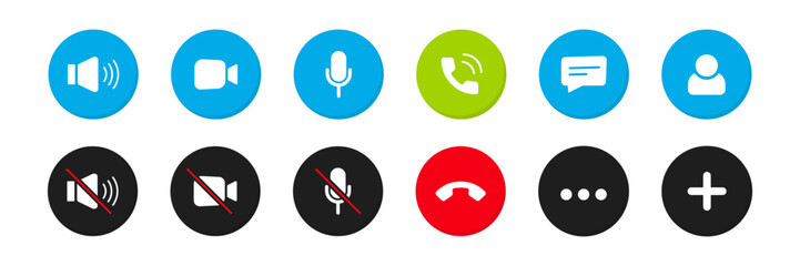 Aufkleber - Set of Video call icon. Video conference. Video call chat screen vector buttons template. Videoconferencing and online meeting workspace. User interface symbols for web conference or business webinar