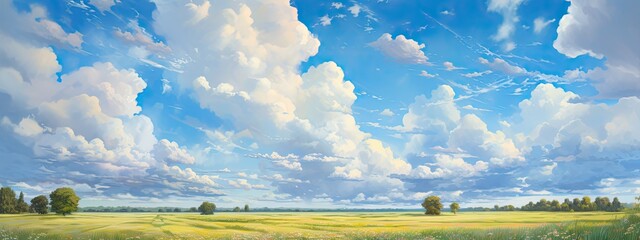 A vibrant blue sky, with puffy cumulus clouds casting shadows on a sun-drenched field, a perfect day for outdoor adventures