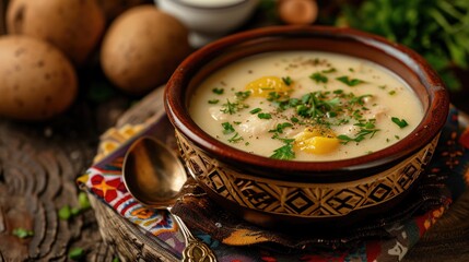 Poster - Greek soup with chicken vegetable and cream, Magiritsa Easter soup, Eastet theme