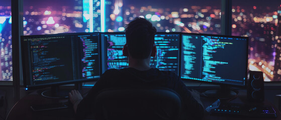 Wall Mural - a programmer bathed in the neon glow of code on multiple screens, symbolizing the digital era's imme