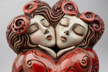 A Ceramic Statuette Of Two People With A Red Heart Stands On The Table. St. Valentine's Day