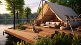 Fototapeta  - Glamping houses in nature forest by lake. Open traditional canvas bell tent house with modern furniture inside. Tent interior and exterior. AI generative
