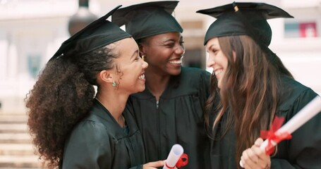 Canvas Print - Women, students and graduation with hug, diploma and diversity for celebration at campus with success. People, friends and certificate at university, college or park with cheers for education goals