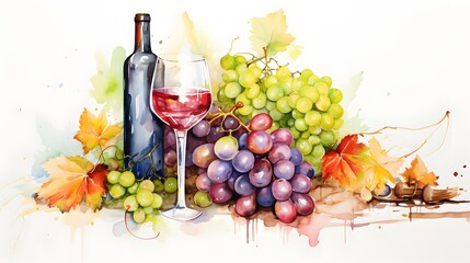 Bunch of blue grapes, red wine bottle and wine glass on landscape with hills and vineyards. Watercolor or aquarelle painting illustration. 