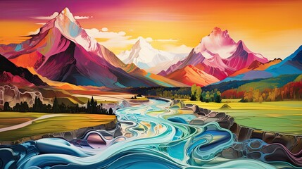 Conjure an abstract mountainous landscape, a fusion born from the minds of various visionary artists. Picture the undulating peaks and valleys inspired by the surrealist touches of Salvador DalÃ­, whe