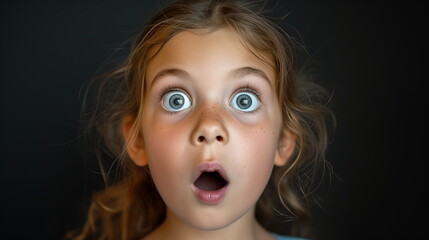 Portrait surprise face, Portrait of an amazed girl with an open mouth and round big eyes, astonished expression,  Looking camera. black background.