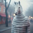 A humanoid zebra in a knitted sweater walking in the mist city.