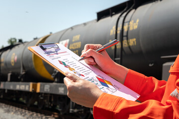 Wall Mural - action of an engineer is checking on chemical hazardous material checklist form with background of t
