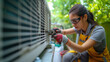 Women working. A young female technician focused on installing or maintaining an air conditioning system.