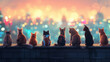 A lineup of endearing cats and dogs gazing over a colorful cityscape from a rooftop at dusk.