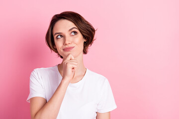 Sticker - Photo portrait of curious dreamy girl looking empty space isolated pastel pink color background