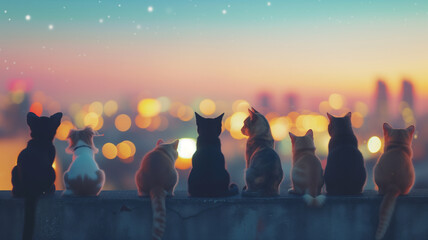 Wall Mural - A lineup of endearing cats and dogs gazing over a colorful cityscape from a rooftop at dusk.