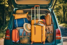 Suitcases And Bags In Trunk Of Car Ready To Depart For Holidays