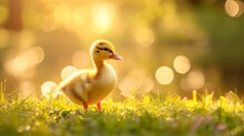 Small Newborn Ducklings Walking On Backyard On Green Grass. Yellow Cute Duckling Running On Meadow Field In Sunny Day. Banner Or Panoramic Shot With Duck Chick On Grass.