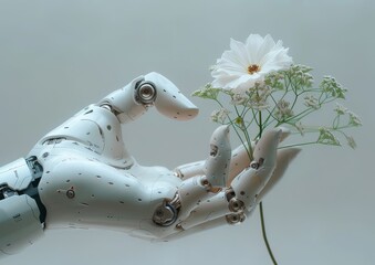 Wall Mural - Robotic Hand Holding a White Flower