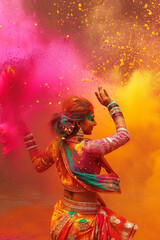 Wall Mural - The backs view of a beautiful Indian girl wearing a saree dances at the Holi festival, covered in colorful powder. Woman on a orange magenta background.