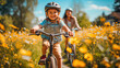 Little girl riding a bike with his mother through a field of yellow flowers on a summer morning