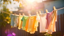 Colorful Children's Clothes Are Dried On The Clothesline In The Garden Outside In The Sun.