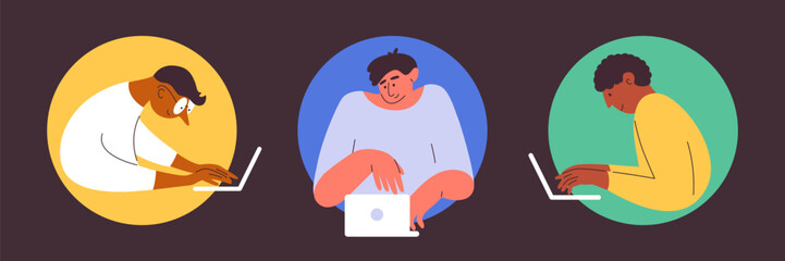 Portraits of people working using laptop. Round banners of diverse male characters. Office employee, software developer, freelance worker, programmer or project manager. Technology vector illustration