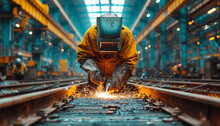 Proffessional welder at work. Handymen performing welding and grinding at their workplace in the workshop, while the sparks 