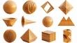 collection of realistic basic geometric 3d Shapes in top and front view. Three-dimensional objects, on an isolated white background.