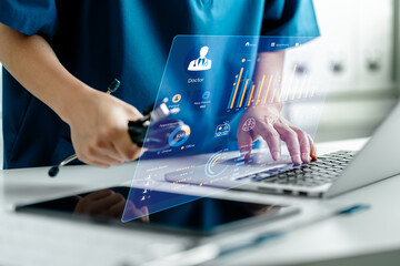 Medicine doctor use digital tablets to work medical dashboard interface virtual screen, diagnose online, Digital healthcare and network connection, medical technology and futuristic concept.