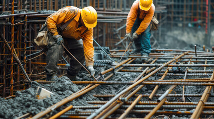 Sticker - Construction workers are tying structural steel in the construction site