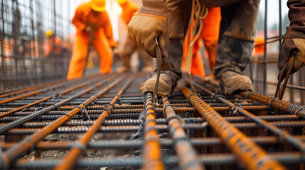 Sticker - Construction workers are tying structural steel in the construction site