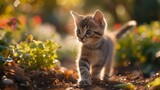 Fototapeta Koty - A tiny Munchkin kitten with short legs exploring a garden.