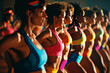 Retro Revival: 1980s Aerobics Class Brings Back the Vibrant Energy of Colorful Leotards and Leg Warmers in a High-Energy Fitness Workout.

