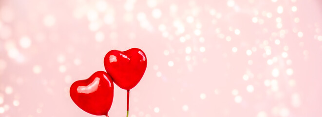 Wall Mural - Happy Valentine's Day greeting card - Two red ballon hearts with bokeh lights - love background banner, panorama 