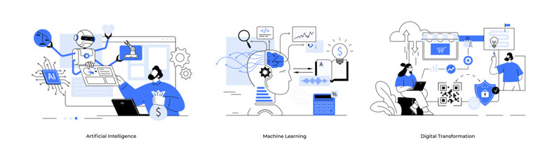 Wall Mural - Artificial intelligence machine learning digital transformation concept set. Deep learning line vector. Ai, Data mining, algorithm, neural network, deep learning autonomous. Finance Fintech. Chat bot