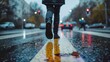 Close up of the legs of a young man walking along a wet street during the rain, ai generative