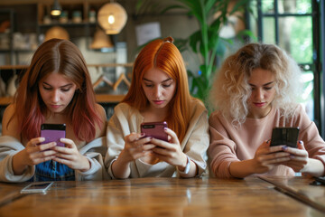 happy group of girl friends using cellphones at a coffee shop, social network addiction