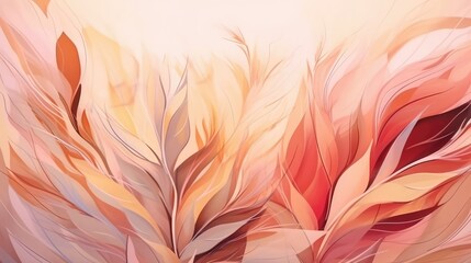 Abstract luxurious art background with exotic leaves in watercolor style with elements of a golden artistic line in pastel colors of peach red Botanical banner with tropical plants for wallpaper desig