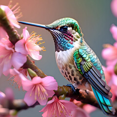 beautiful colorful hummingbird seatting in branch around pink flower against green natural background. close up. Ai generated