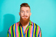 Photo of shocked surprised guy wear stylish clothes clothes bite lips panic stupor isolated on cyan color background