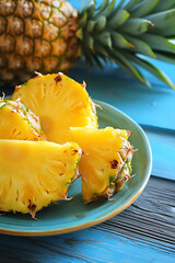 Wall Mural - Professional food photo. Ad for healthy lifestyle, fitness. Plate with pineapple, pine apple, pineapple. Fruits