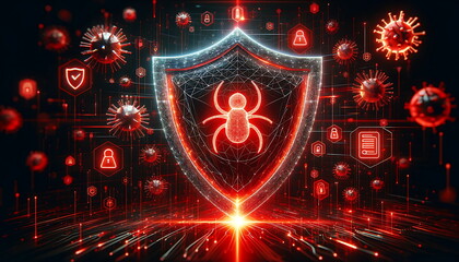 Wall Mural - Network protection with a shield from dangerous spider viruses that have hacked computer systems. Cyber attacks spyware, malware, ransomware.