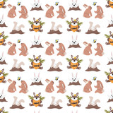 Fototapeta Konie - Festive paper background. Easter seamless pattern isolated on white. Various bunnies character design. Cute personage concept. Traditional symbol. Nursery animal hand drawn flat vector illustration