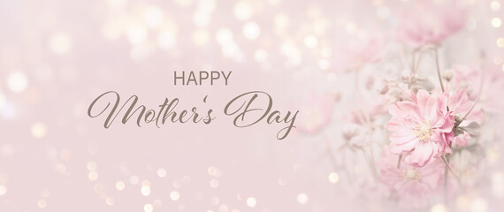Wall Mural - Happy Mother's Day greeting card with pink flowers on bokeh lights background - Mother Day congratulations