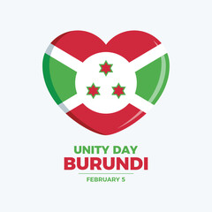 Unity Day Burundi poster vector illustration. Flag of Burundi in heart shape icon vector isolated on a gray background. Burundi flag heart design element. February 5 every year. Important day