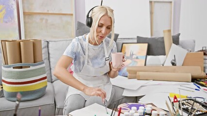 Sticker - Beautiful blonde artist imbibing coffee and sound, a young woman's interior dance at the easel, drawing while listening to music in art studio