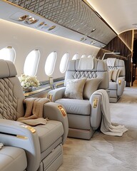 Private Jet Cabin with Plush Leather Seats, Elegant Tables, and Soft Lighting with comfortable seats, golden details, luxury service airplane company