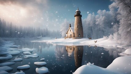 A fantasy lighthouse in a snowy forest, next to a freezing lake.  