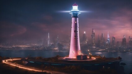 Canvas Print - lighthouse at night A fantasy lighthouse in a futuristic city, with neon lights, flying cars, and robots.  