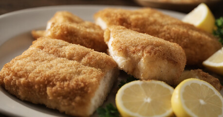 A crispy breaded cod fillet, perfectly cooked and ready for a delicious seafood dinner.