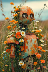 Sticker - Robot with flower for head and flowers coming out of its chest.