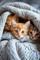 Wall Mural - Three kittens huddled together under blanket with one of them looking directly at the camera.