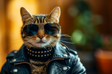 Sticker - Cat wearing pair of sunglasses and leather jacket.